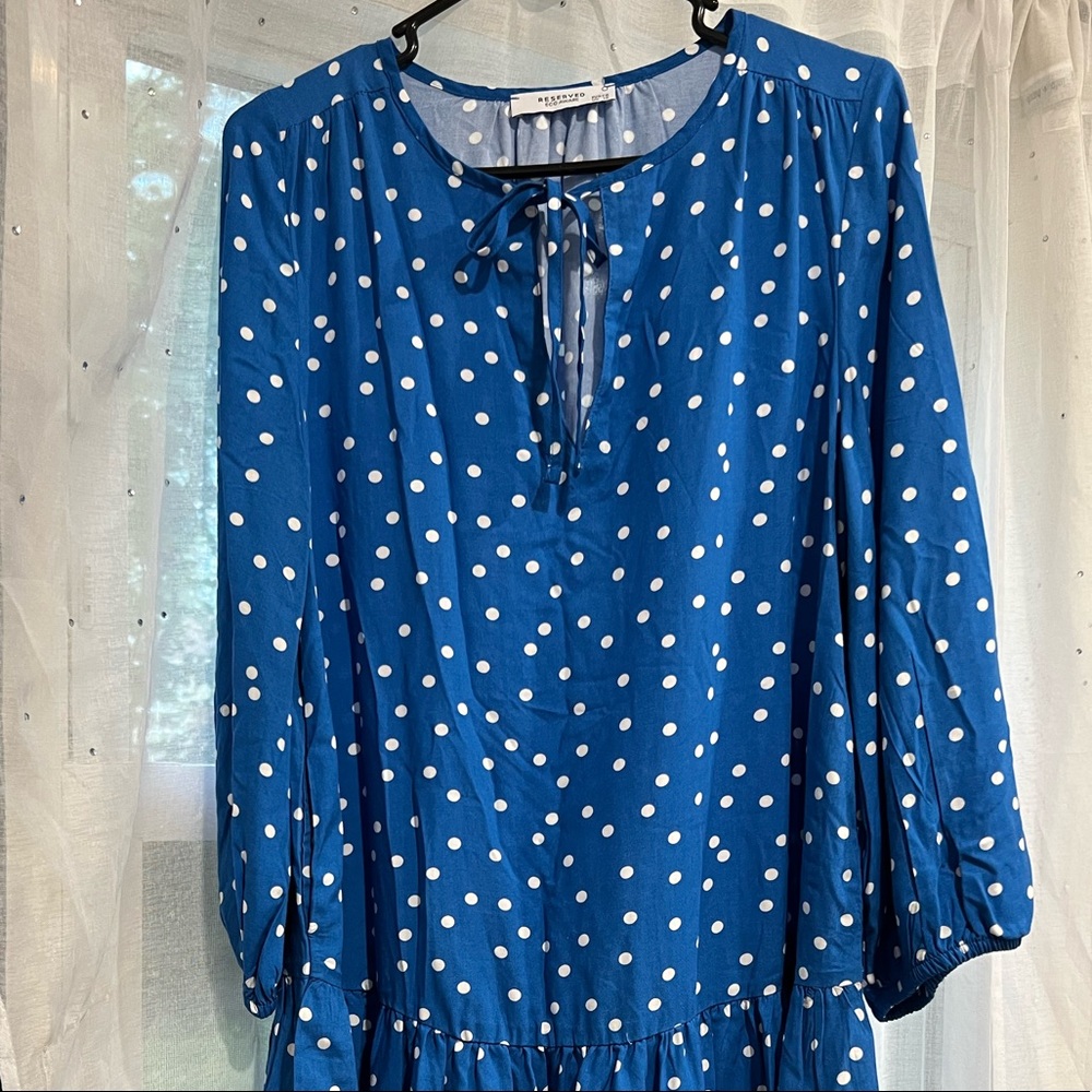 Reserved blue polka dot dress, new without tags, size M.